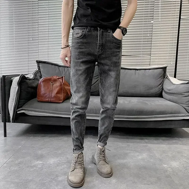 

Elastic Men's Jeans Black Stretch with Pockets Trousers Man Cowboy Pants Tapered Street Designer High Quality Nylon Slacks Cheap