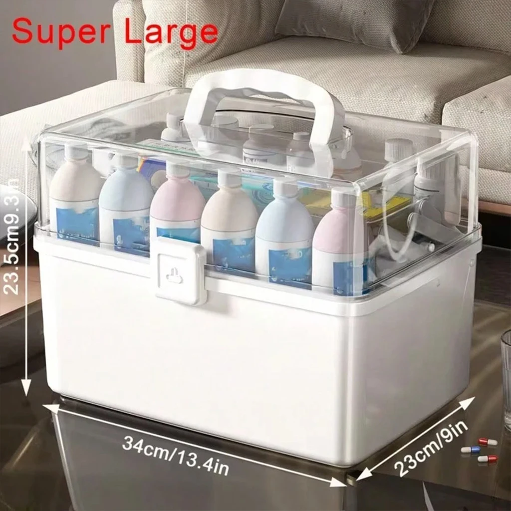 Large Capacity 3-Tier Portable Medicine Box Organizer, Clear Drawer Pill Storage Case with Handle, Desktop First Aid Kit & Drug Container for Home Pharmacy