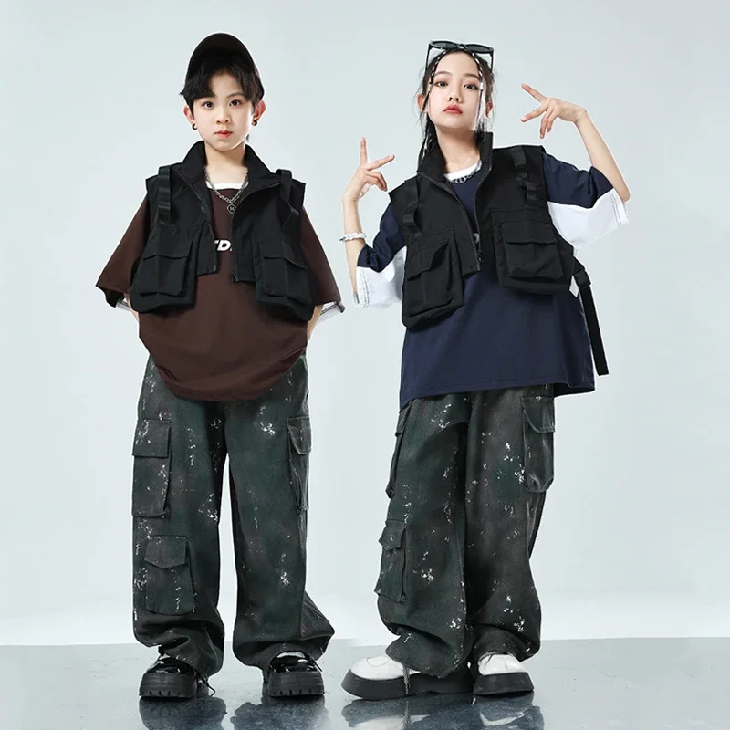 

Street Dance Costume For Kids Performance Suit Brown T-Shirt Hip Hop Shuffle Pants Fashion Streetwear Jazz Dance Clothing