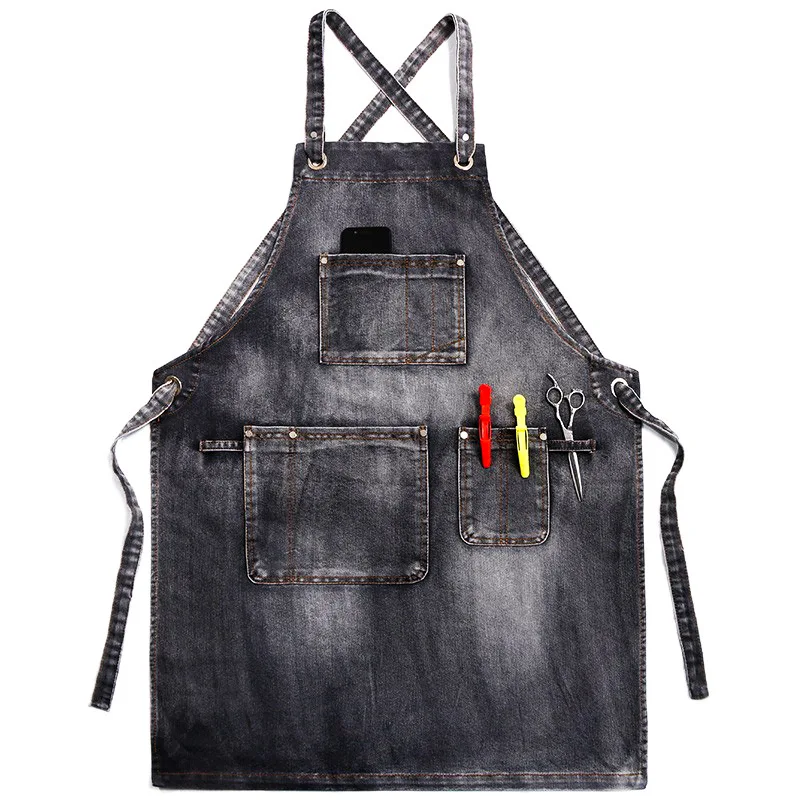 Retro Denim Apron Men\'s Fashion Work Clothes Hairdresser Milk Tea Shop Restaurant Waiter Female Kitchen Apron