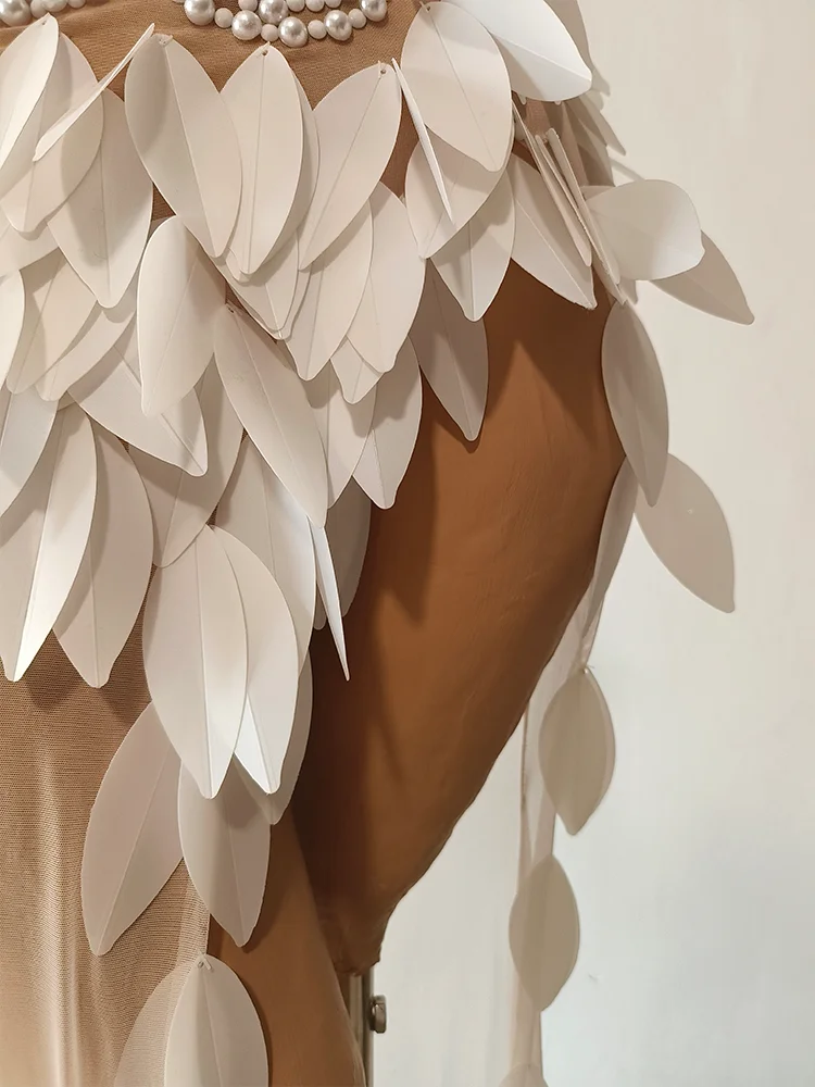 New Women Event Costume White Pearls Long Dress Drag Queens Stage Costumes Show Girl Singer Birthday Prom Party Wedding Clothes