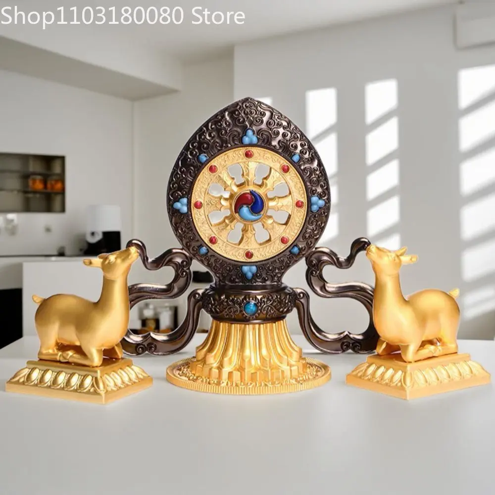 

1set Alloy Dharmacakra Double Deer Dharma Wheel sculpture Temple decor,22cm,16cm