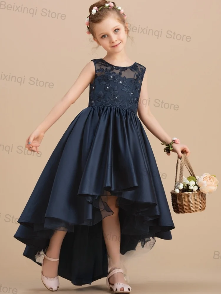 

Dresses For Birthday Party Girls Navy Blue Tulle Lace Assymetrical Long Skirt New Product Evening Dress Luxury Elegant Ball Gown