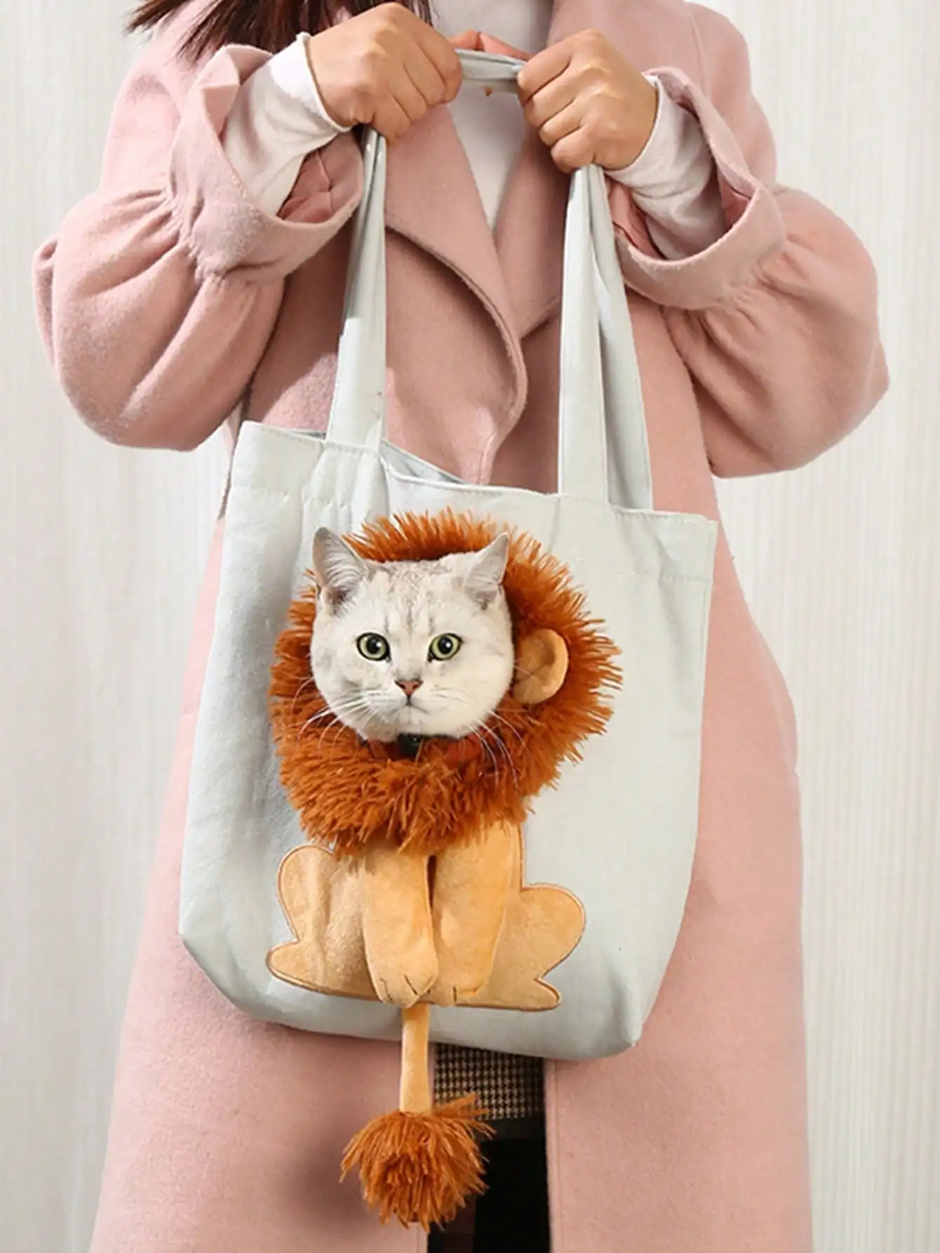 Bolso de hombro de lona para mascotas, bolsa de transporte de hombro portátil con forma de León, bolso de gato al aire libre