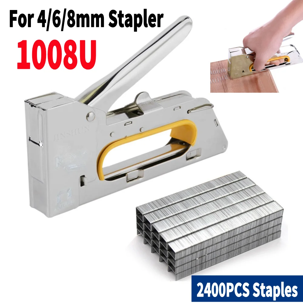 Staple Gun Heavy Duty 1008U Nail Gun 4/6/8mm Paper Window Tacker Tools with 2400pcs Nails Stainless Steel for Woodworking