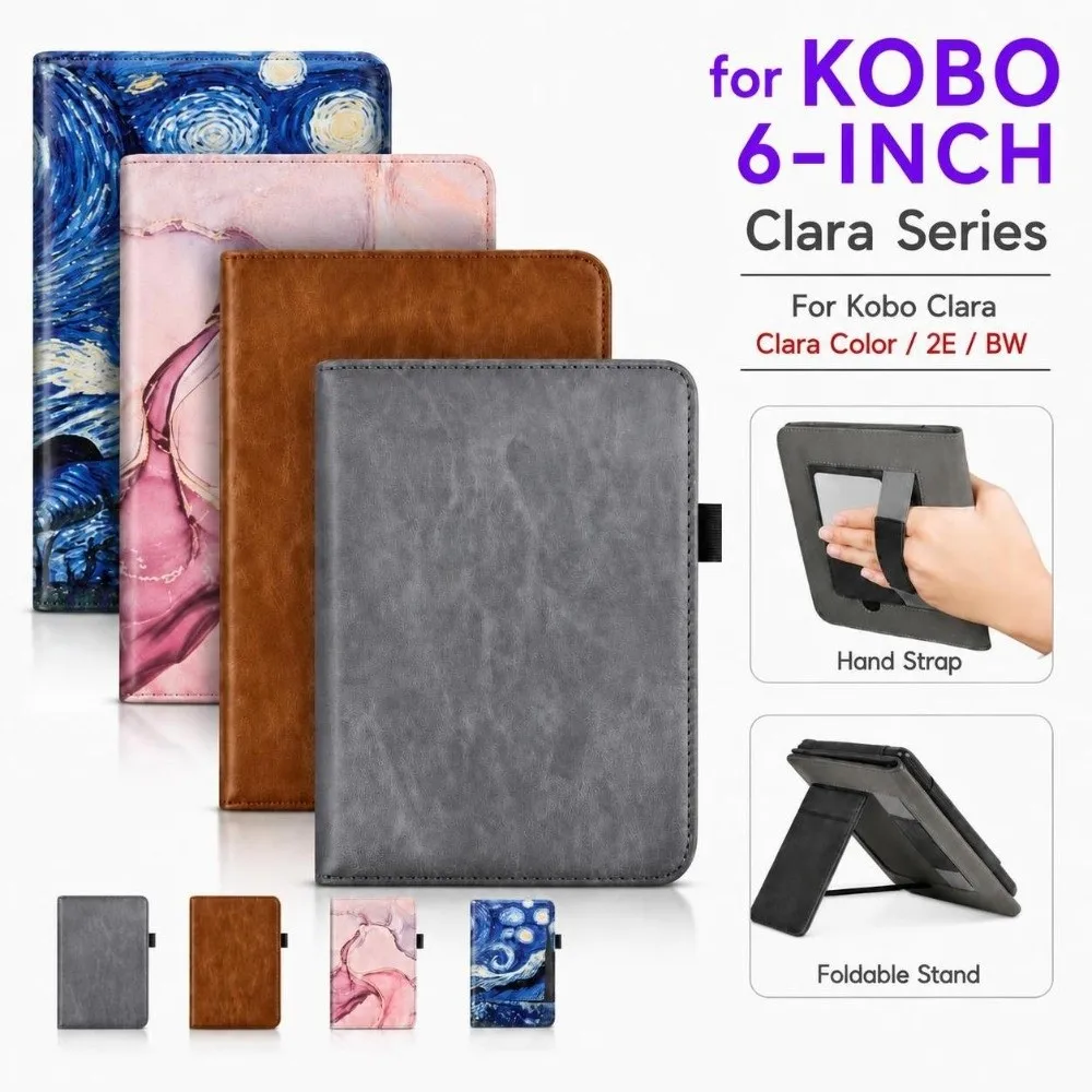 Stand Function E-Reader Case Hand Strap Auto Sleep/Wake Folio Stand Case Card Slot Magnetic Closure for Kobo Clara Color/2E/BW
