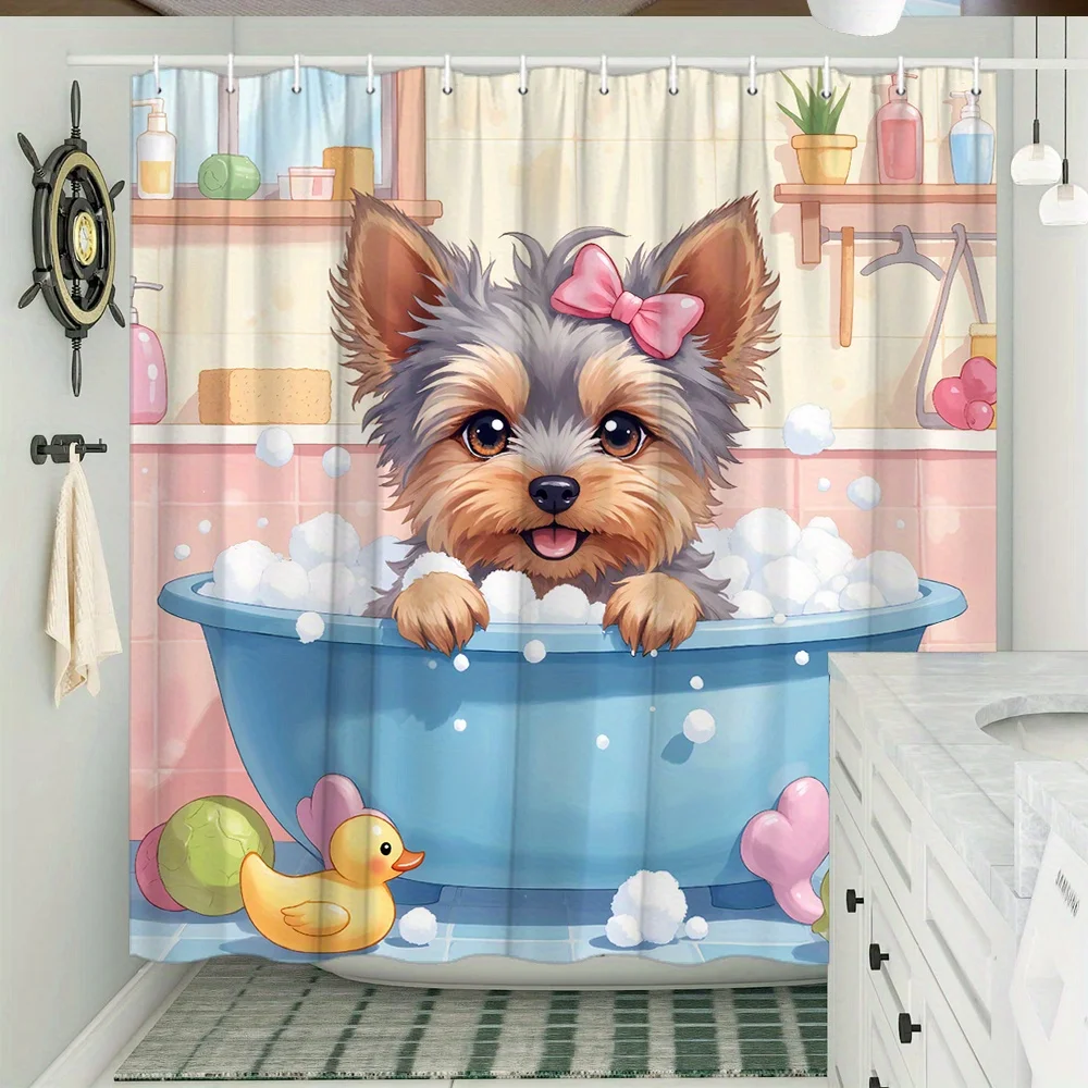 Cute Cartoon Yorkshire Terrier Pink Bow Bubble Bathtub Rubber Duck Print Shower Curtain Waterproof Mildew Resistant Polyester Fa