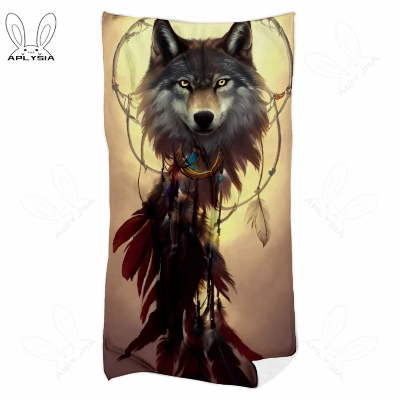 Wild Wolf Howling to Moon Night at Misty Forest Indian Dreamcatcher Totem Face Towel for Summer Beach Customizable Large Size