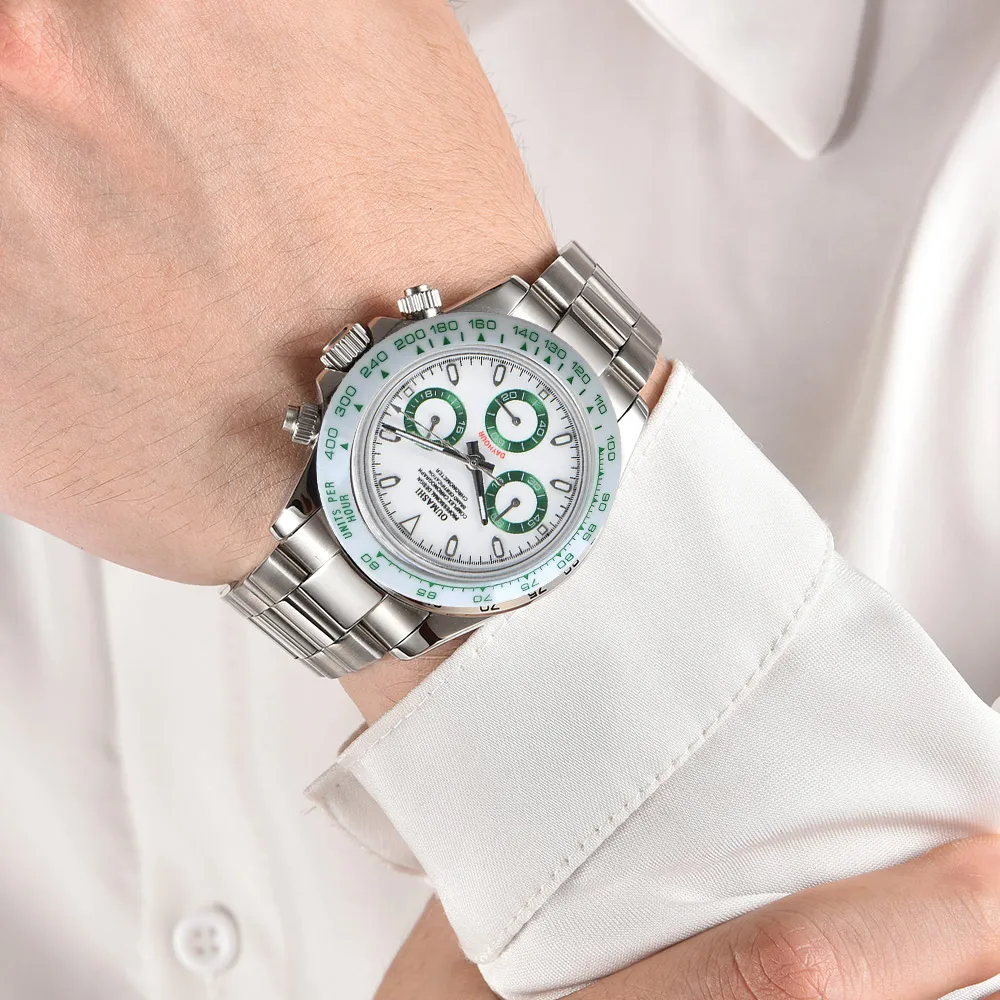 Reloj de cuarzo deportivo de lujo de cerámica blanca de 39,3mm, cristal de zafiro, acero inoxidable 316L, resistente al agua para movimiento de reloj VK63 para hombre