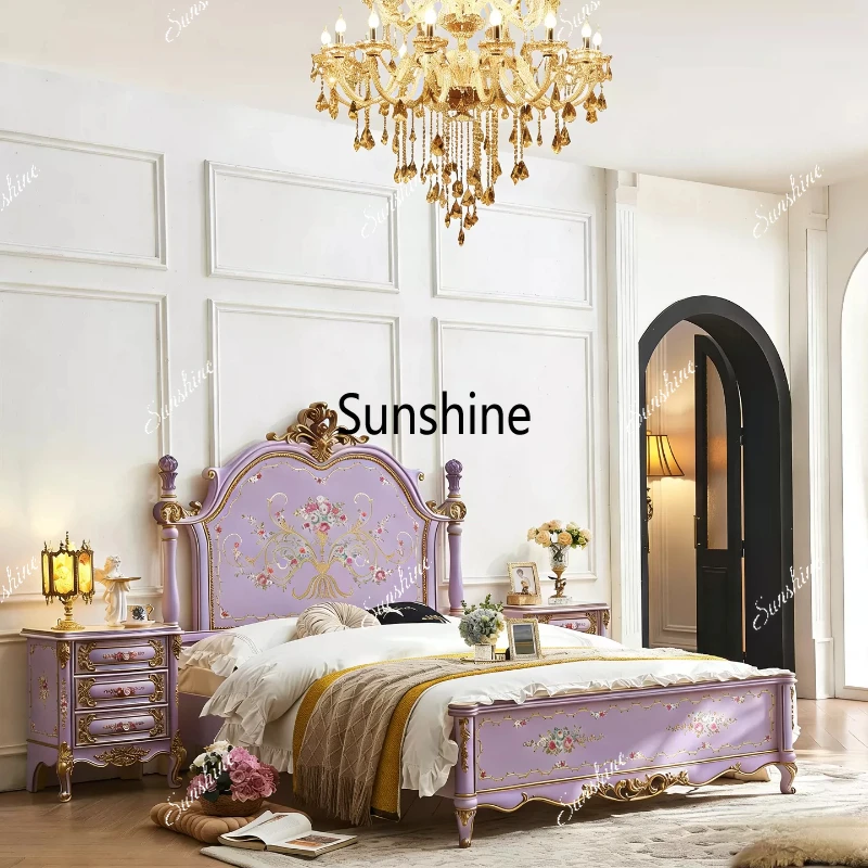 

Solid wood hand-painted gold-painted retro, light luxury high-end, master bedroom double bed