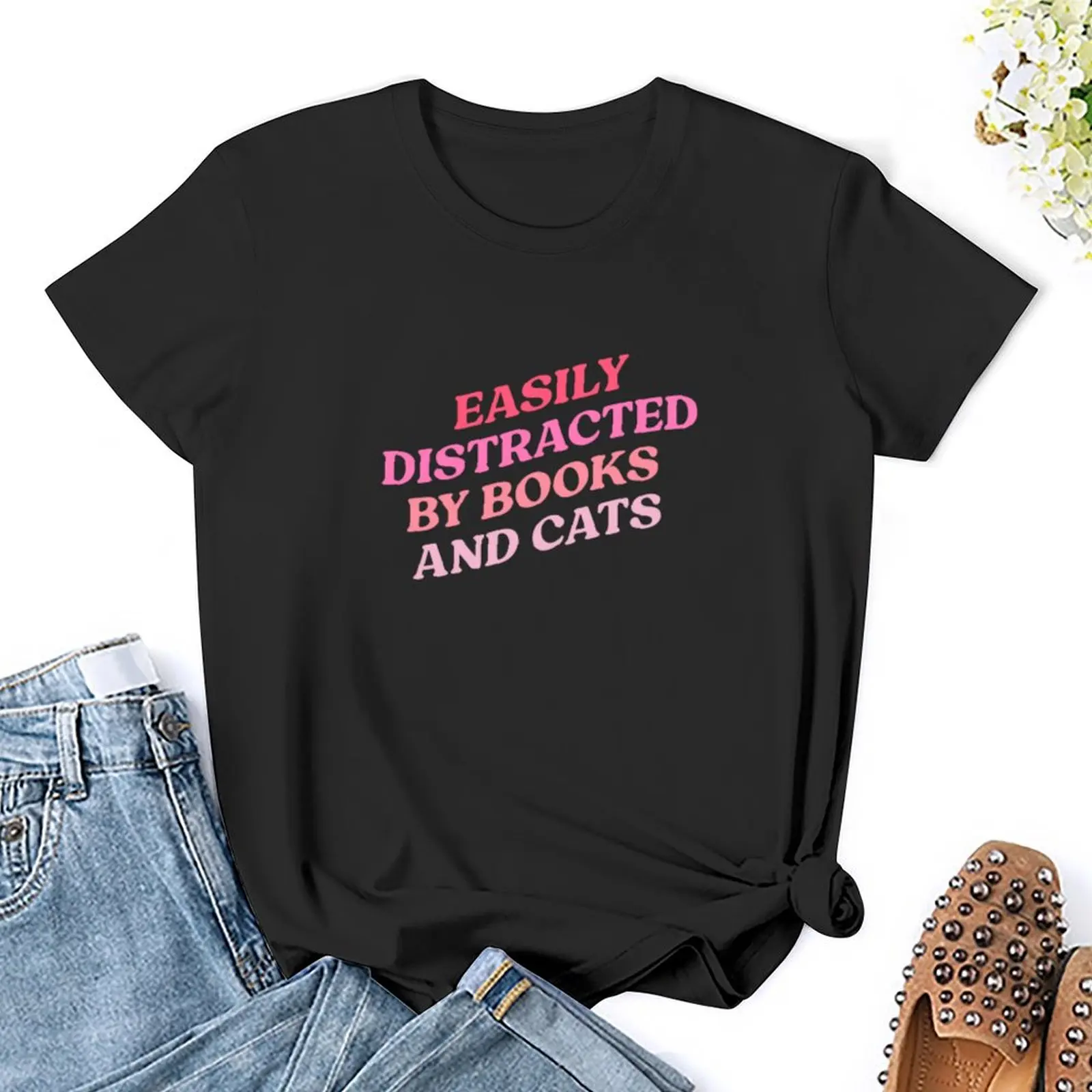 Easily distracted by books and cats T-Shirt Blouse funny animal print shirt for girls plus size tops clothes for woman