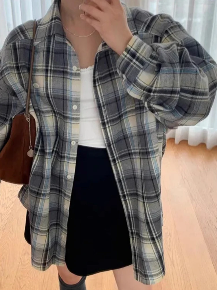 

Loose Long Sve irt Coat Women's Spring New Small ence Lazy Sle Asymmetrical Top Color Blo Plaid Design Commute S...