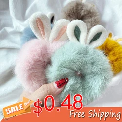 Cute Sweet Imitation Rabbit Fur Rabbit Ears Elastic Hair Bands Girls Women Fluffy Hair Rings Candy Color Plush Hair Accessories