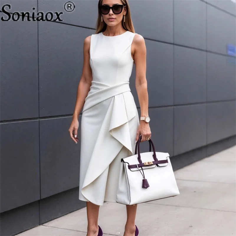 

New Women Fashion Solid Blazers Dress Commuter Office Sleeveless Asymmetrical Party Dress Summer Lady Elegant O Neck Dress 2025
