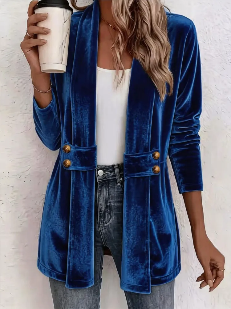 Women Velvet Open Front Cardigan Autumn Fashion New Long Sleeve Button Decor Casual Solid Outerwear Ladies Soft Jacket Coat
