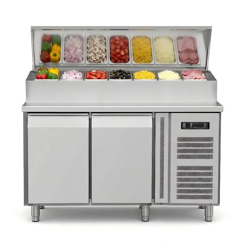 OEM Counter Fridge Sandwich Prep 2 Door Stainless Steel Pizza Prep Table Refrigerator for Commercial Kitchen
