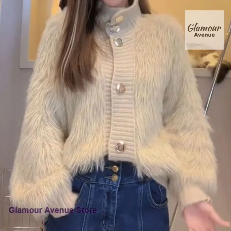 

Korean soft waxy mink velvet collar loose Joker age-reducing sweater women's autumn and winter new knitted cardigan coat