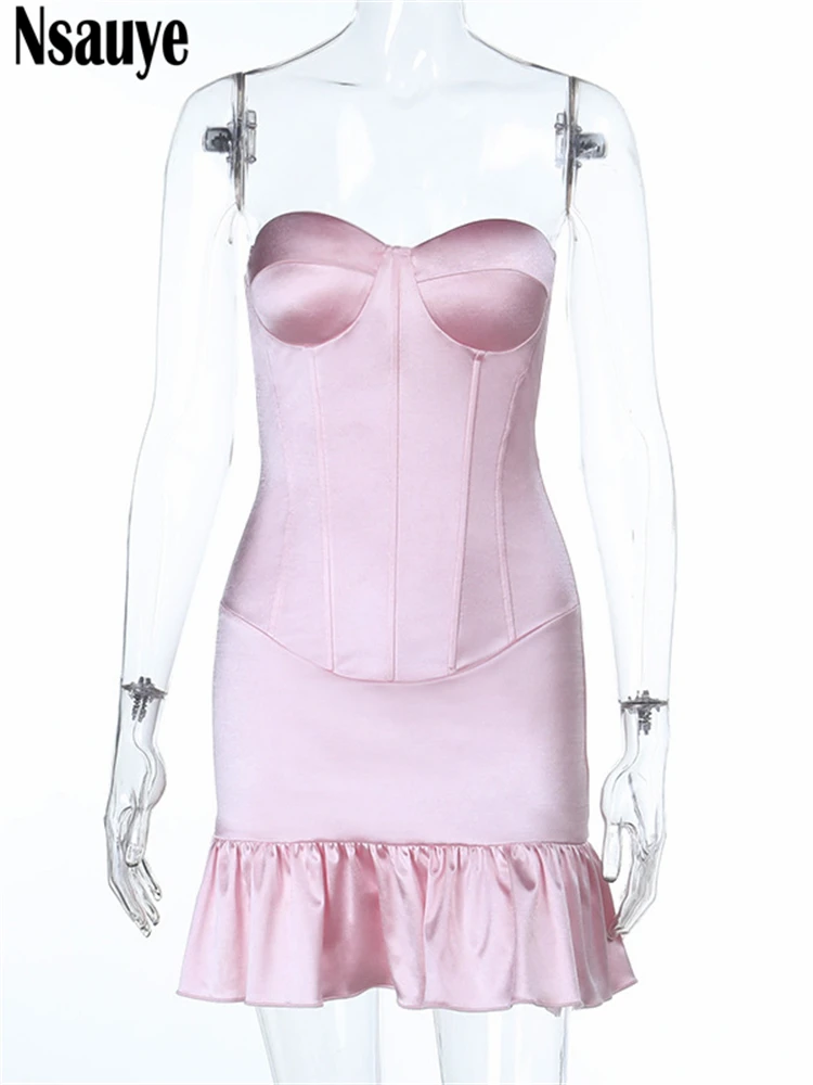 Nsauye nuevo elegante mujer moda satén flaco Mini volantes Y2K vestido con corsé vendaje Sexy fiesta de noche vestido de verano para Club nocturno