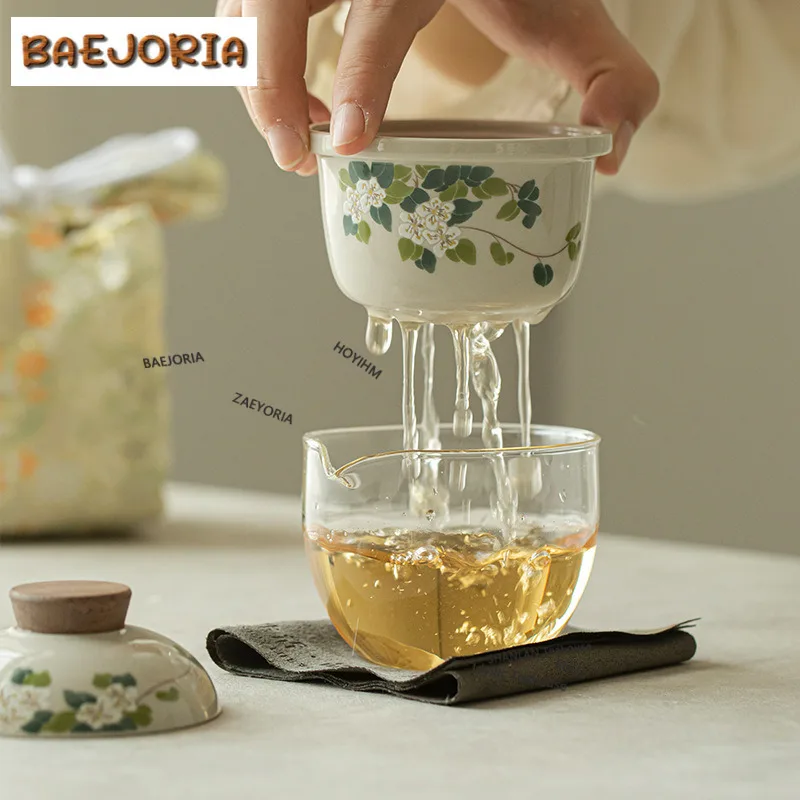Hand Painted Flowers Ceramic Travel Tea Set Kit Traditional 1 Bowl 2 Cups Tea Maker Organizer Portable Camping Handbag Ornaments