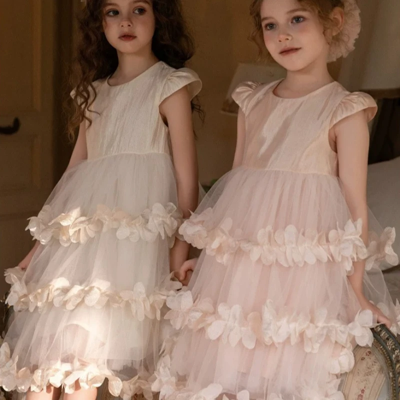 Children Girls Dress Vestido Kids New Baby Cake Skirt Flower Girl Wedding Costume Tulle Floral Birthday Party Princess Gown