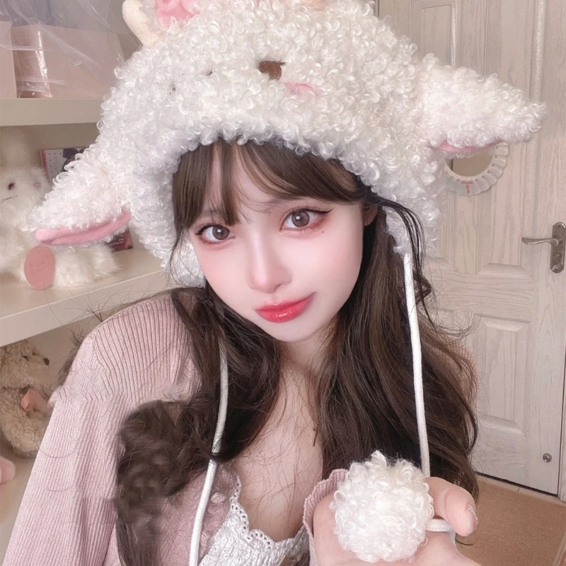 Cartoon Furry Lamb Hat with Pompom Strap Women Cute Sheep Ears Winter Warm Beanie Cap Y2K Girl Stage Show Party Cosplay Headgear