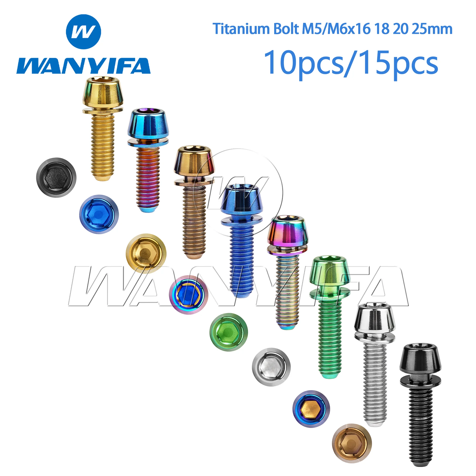 Wanyifa Titanium Bolt M5/M6x16 18 20 25mm  Conical Head Ti Screws with Washer for Bicycle Stems 10/15pcs