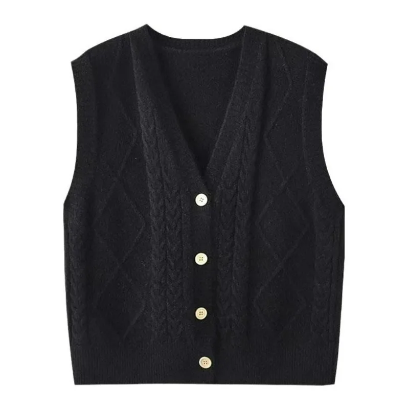 Women Solid Cable Knit Vest V Neck Button Sleeveless Cardigan Casual Sleeveless Knitted Sweater Waistcoat Ladies