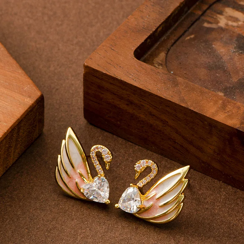 Delicate Enamel Inlaid Zircon Swan Stud Earrings Silver Needle Earring Fashion Temperament Women's Daily Jewelry