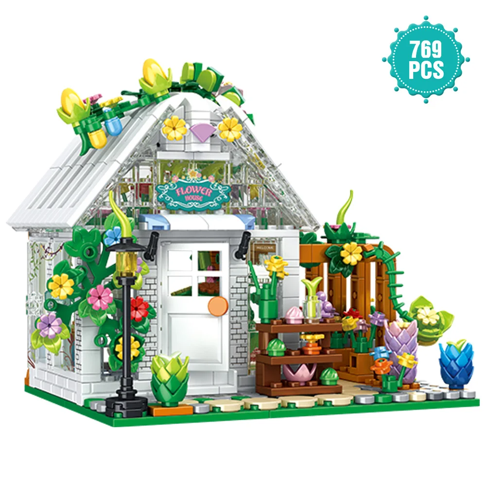 769PCS White Flowers House Building Set Create Elegance Warmth Environment Greenhouse Building Toy Gift for Kids Adult