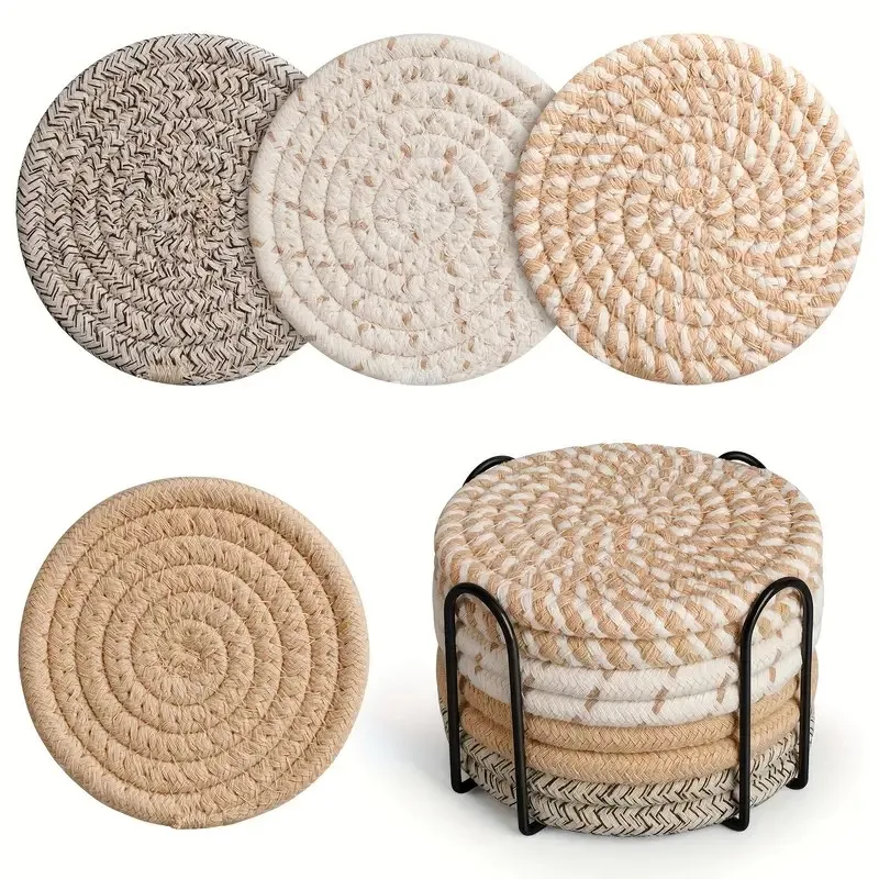 8pcs Woven Coaster Set with Holder High-Temperature Resistant Cup Coasters Absorbent Coasters for Coffee Tea Drinks