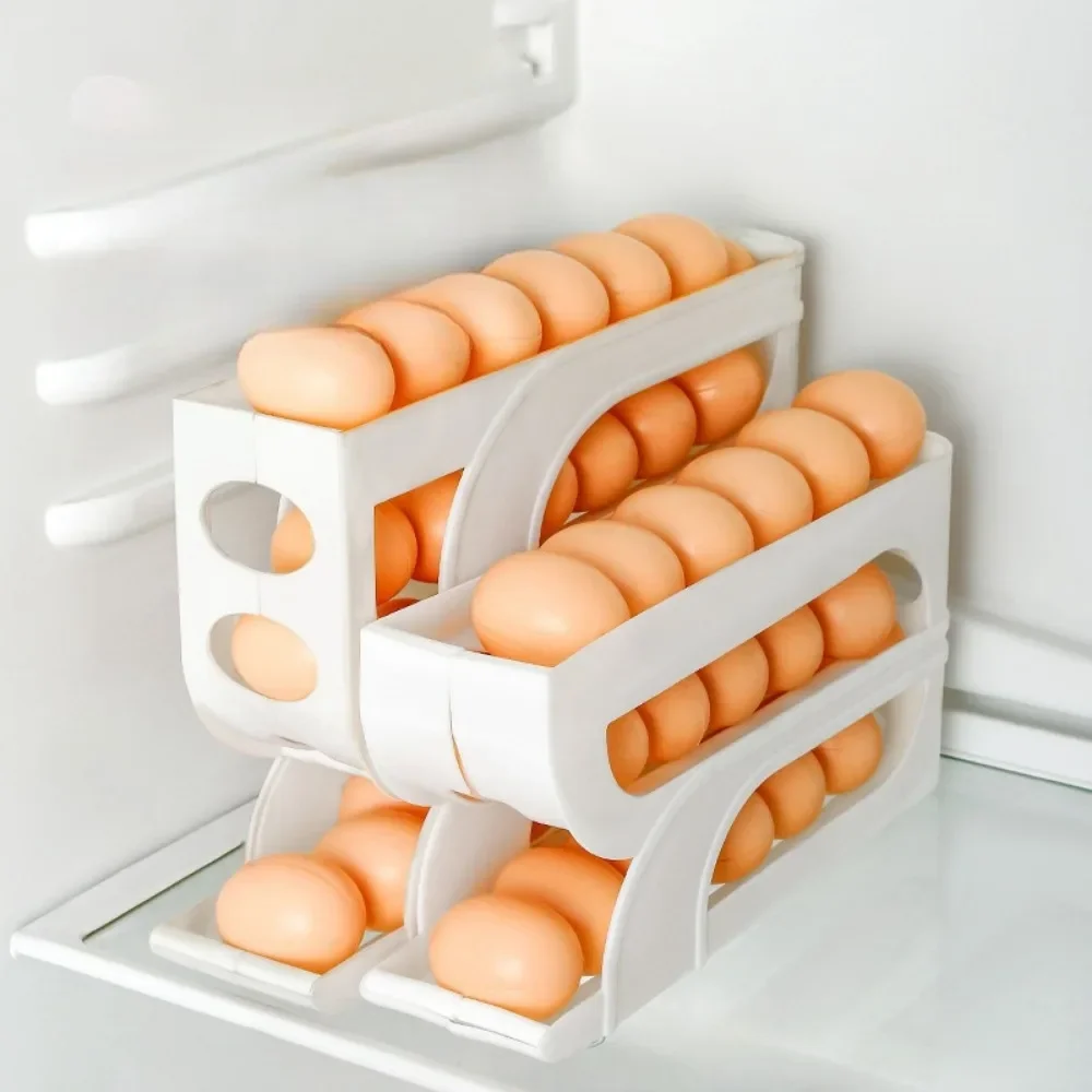 1 Stück 3/4 Etagen automatische Roll-Ei-Aufbewahrungsbox für Zuhause, Küche, Kühlschrank, Seitentür, Eierkonservierungsregal, leicht zu reinigen – Detail 2