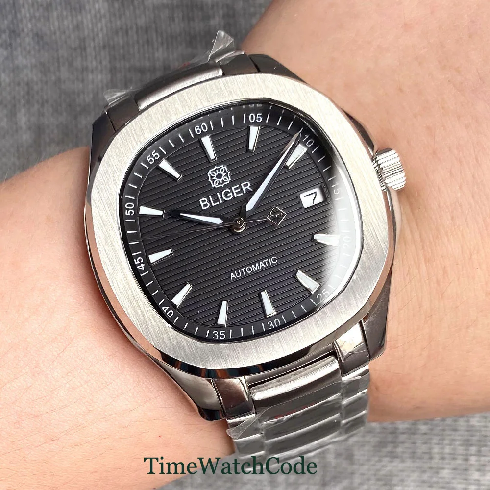 

40mm Bliger Automatic Watch for Men NH35 Movement Sapphire Crystal Auto Date 316L Bracelet See-through Case Back Square Case