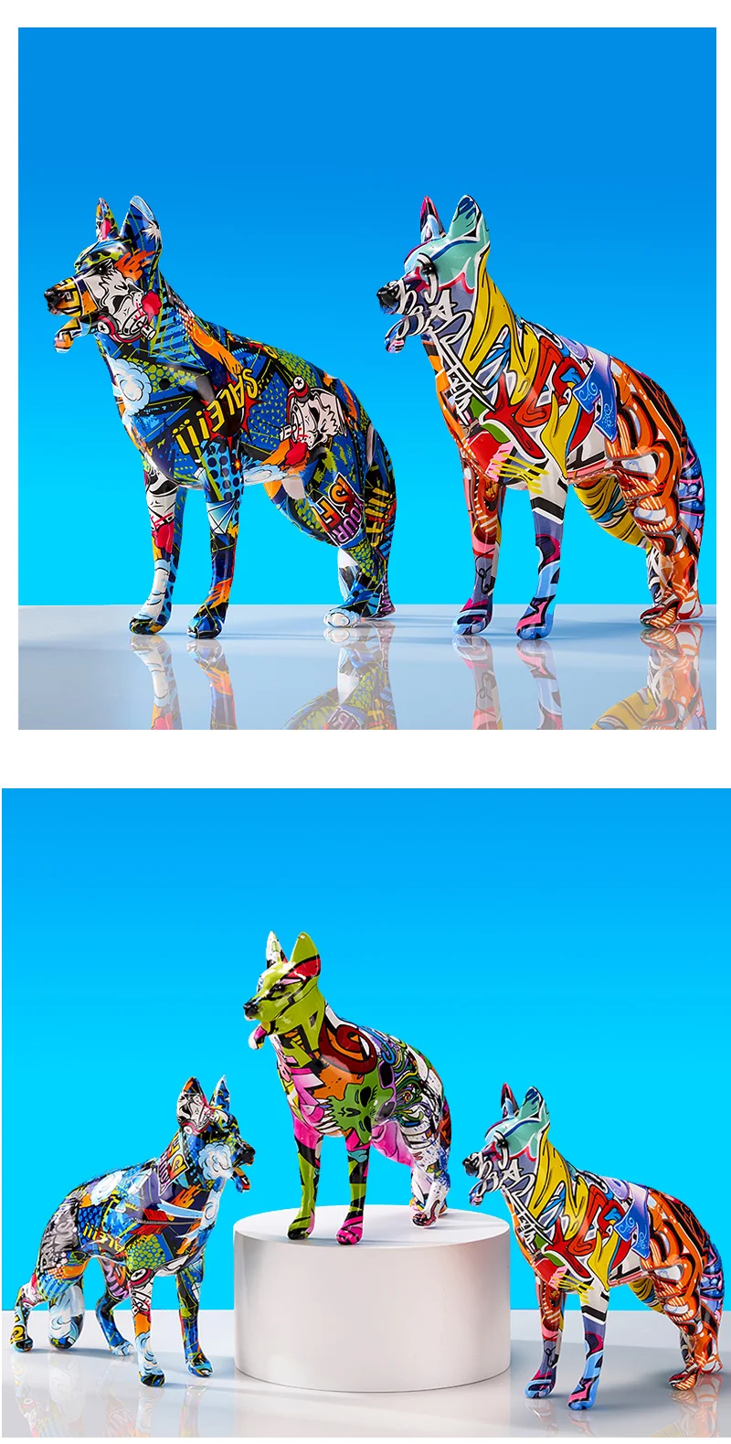 Kreative Bunte Kunst Tierfigur Deutscher Schäferhund aus Kunstharz Heimdekoration Farbenfrohe Moderne Schlichte Wohnraumdekoration – Detail 6
