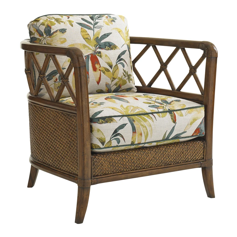 

South East Asia Wind All Solid Wood Single Rattan Chair Leisure Balcony Living Room Comfortable Flower Cloth Sofa Chair