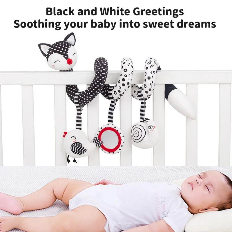 Infant Baby Spiral Activity Hanging Toy High Contrast Black White Rattle with Mirror Stroller Compatible Hanging Toy for Babies