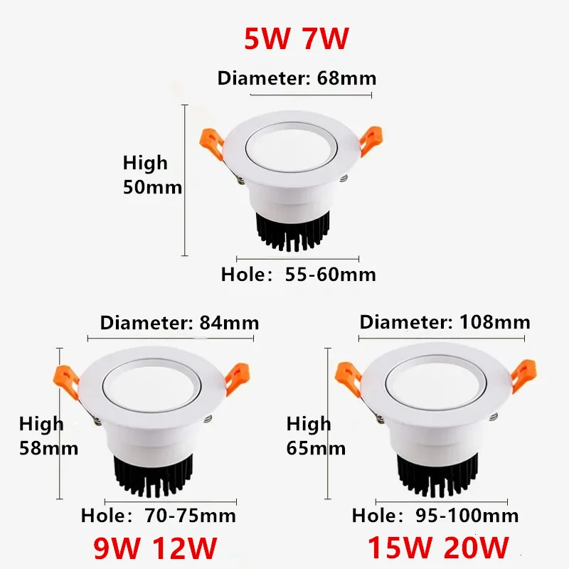 High-performance Embedded LED Downlight Angle Adjustable 5W7W9W12W15W20W COB Anti-Glare Dimmable Ceiling Light Spotlights CRI＞98