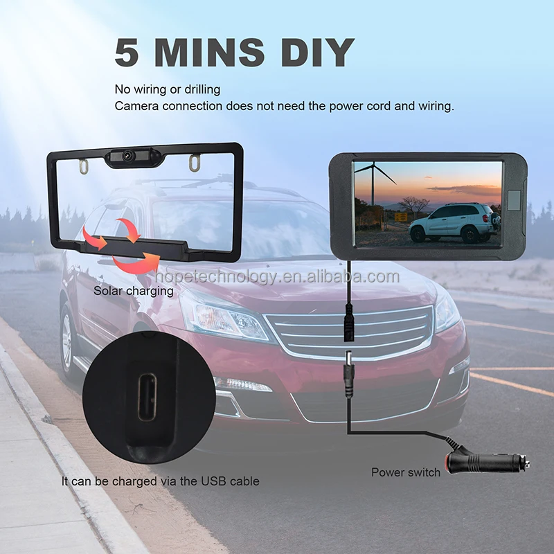 DIY 2,4 GHz Digital inalámbrico marco para matrícula sistema de cámara de respaldo Monitor de visión trasera de 5 pulgadas con energía Solar integrada