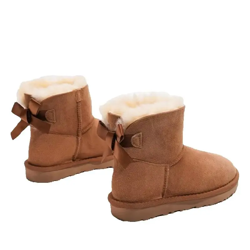 Silk Ribbon Bow Snow Boots for Women Sheep Fur Integrated Short Tube with Thick and Warm Genuine Leather Boots