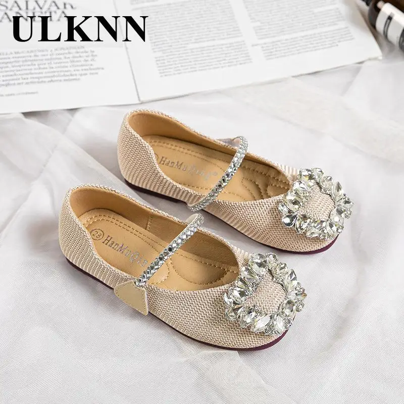 Girl Flats2023 Children Beige New Fashion Beige Shoes Students Temperament Pure Rhinestone Performed Dance Baby Shoe Size 23-35