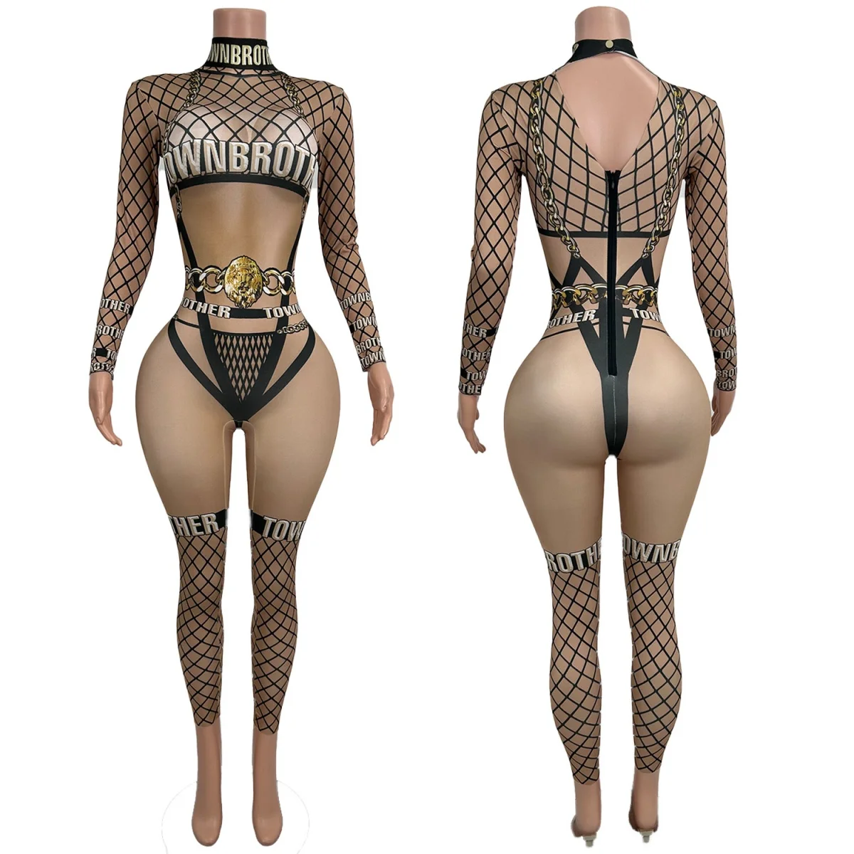 

Long Sleeved Spandex Printing Tight Fitting Jumpsuit Celebrate Stage Performance Dress-up Outfit Bar Club Dance Show Sexy Wear