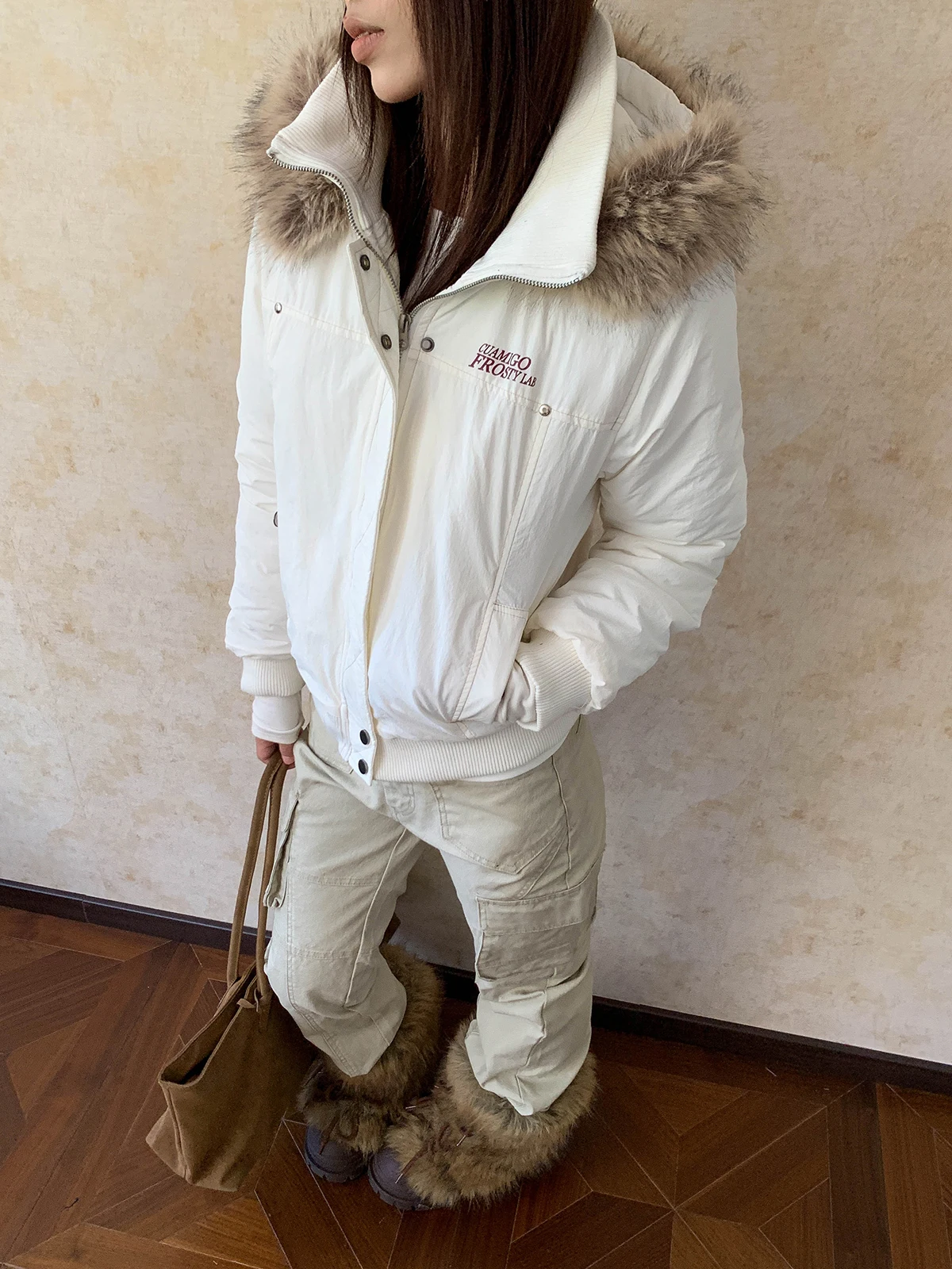 

Aket, хлопковая куртка с меховым воротником и капюшоном в американском стиле ретро, женская свободная уличная верхняя одежда