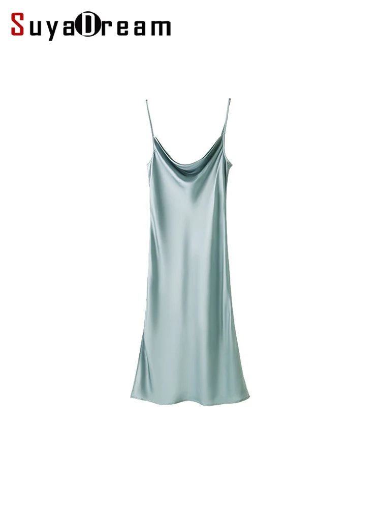 SuyaDream, Woman Mid Dress, 100%Real Silk Spaghetti Strap, Dropped Collar, Casual Dresses, 2025 Spring Summer Clothes, Blue,
