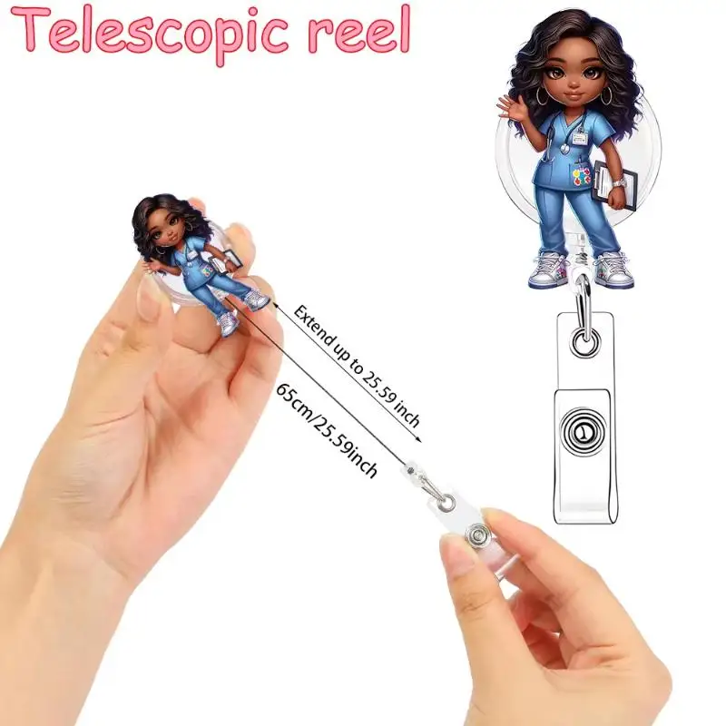 SA1Pcs Acrylic Retractable Drawstring 2D Flat Acrylic Nurse ID Clip Cute Nurse Girl With Glasses Pattern Badge Scroll Holder
