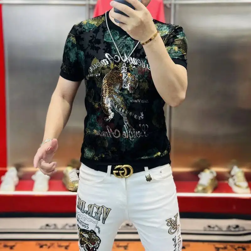 Sequins Flocking Elastic T Shirt For Men Slim Fit Short Sleeve Summer Quality Soft Comfortable Hollow Casual Easy Care Camisetas