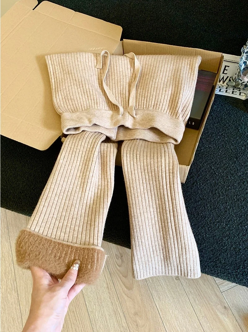 

Корейские женские вязаные широкие брюки, новые зимние свободные драпированные брюки длиной до пола на подкладке, теплые прямые брюки