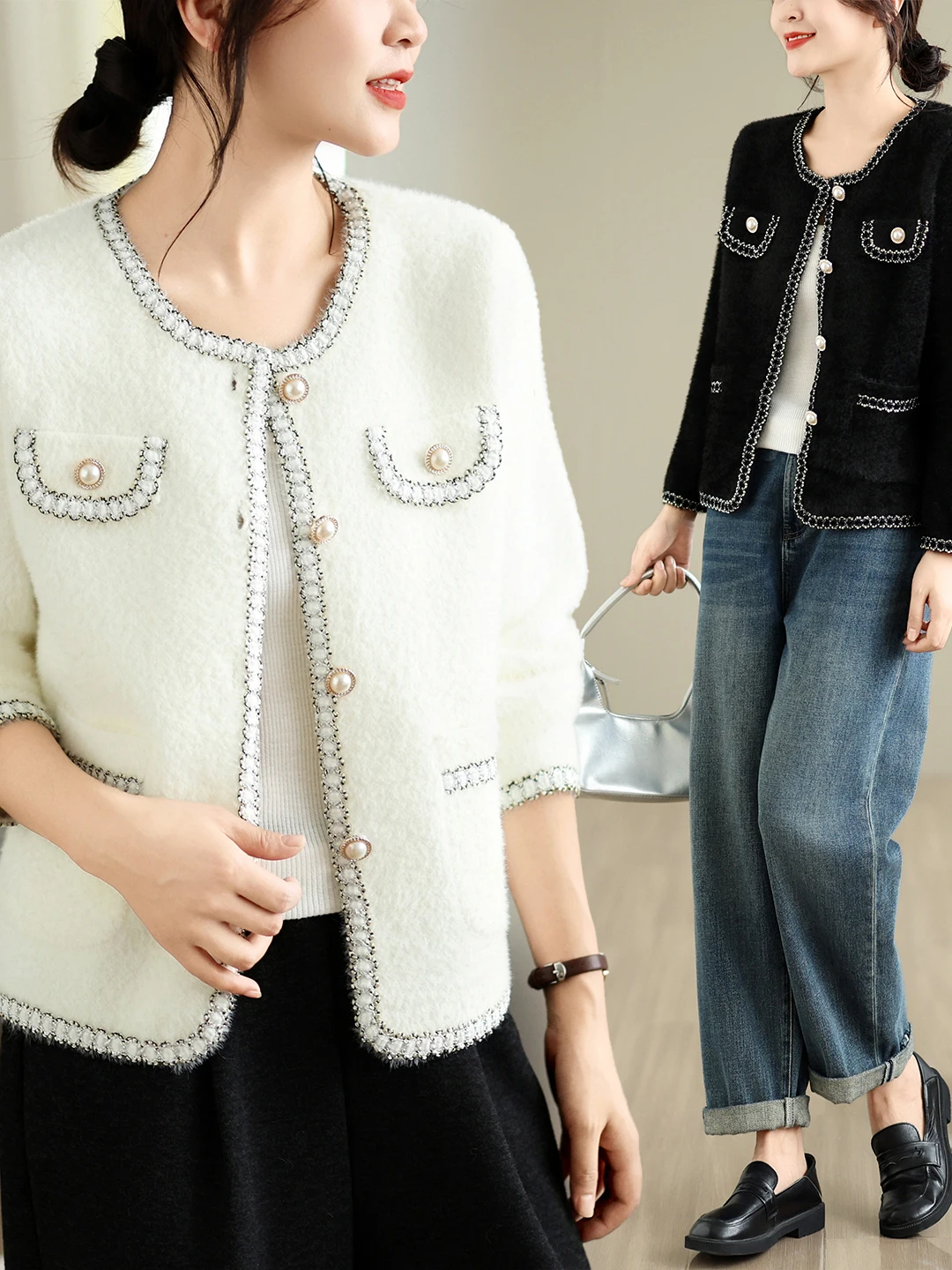 Authentic Small Fragrance Style Knitted Cardigan Sweater round Neck Open Front Nylon Polyester Short Coat for Women Autumn 2026