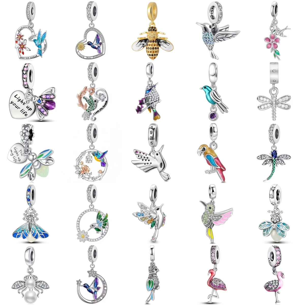 Abalorios Colgantes de Plata S925 con Diseños de Aves e Insectos: Colibrí, Abeja, Loro, Flamenco, Libélula, Mariposa, para Joyería DIY, Regalo para Mujer