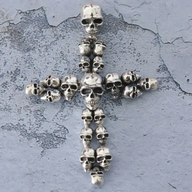 

22g Long Big CROSS SKULL Mens Pendant Real Customized 925 Solid Sterling Silver Pendant Hiphop