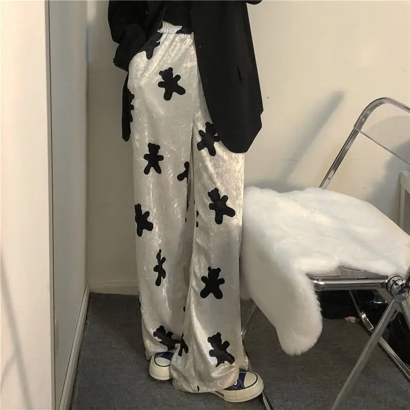 

Cute Animal Fashion White Pants Female Summer New High Waist Wide Leg Baggy Pants Y 2k Hip Hop 2000s Aesthetic Trousers Korean