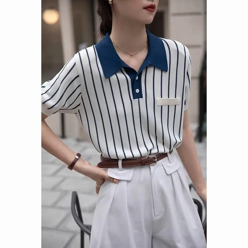 

Office Lady French Vintage Striped Fashion T-shirt Summer Loose Casual Short Sleeve Turn-down Collar Tops